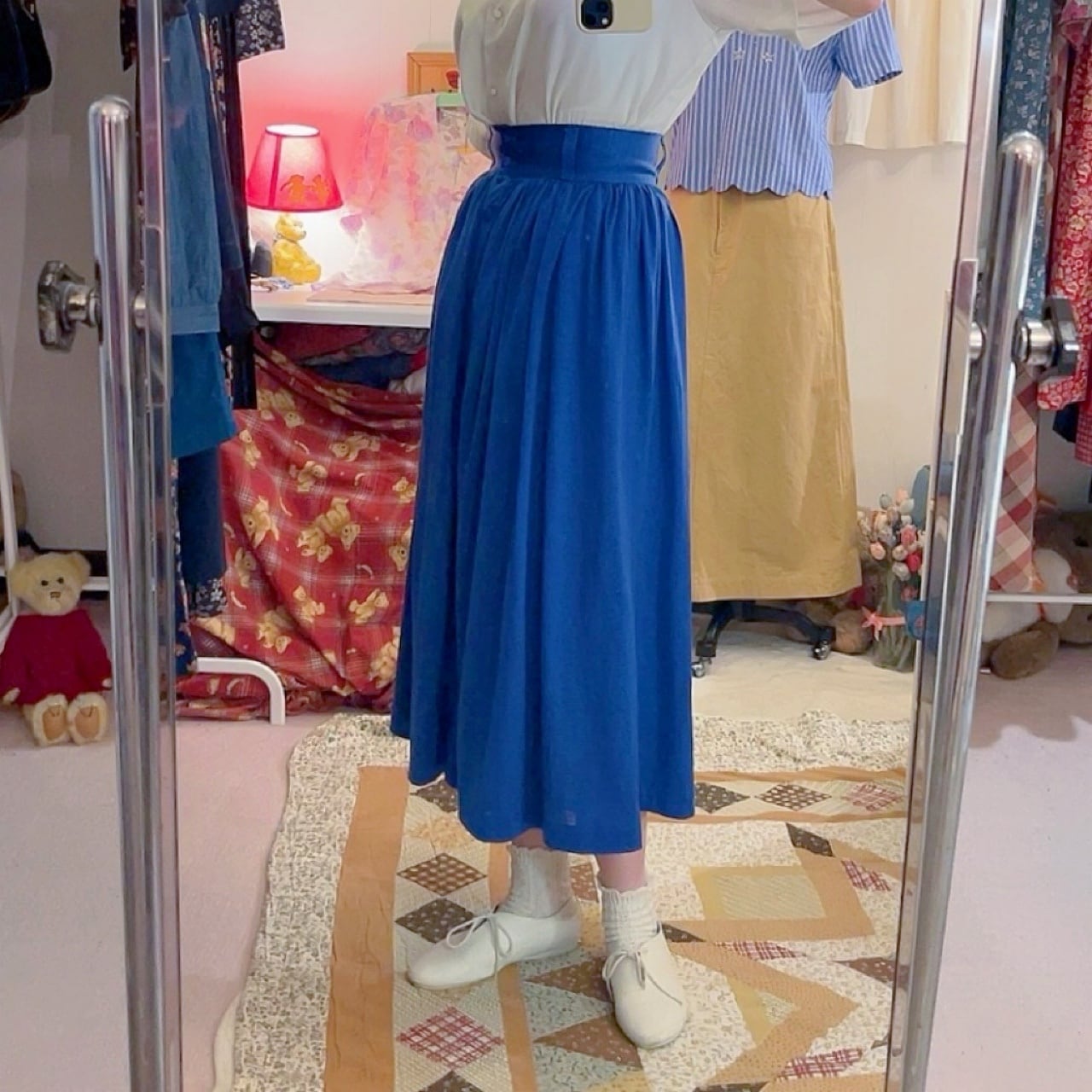 renoma / blue front button gather skirt