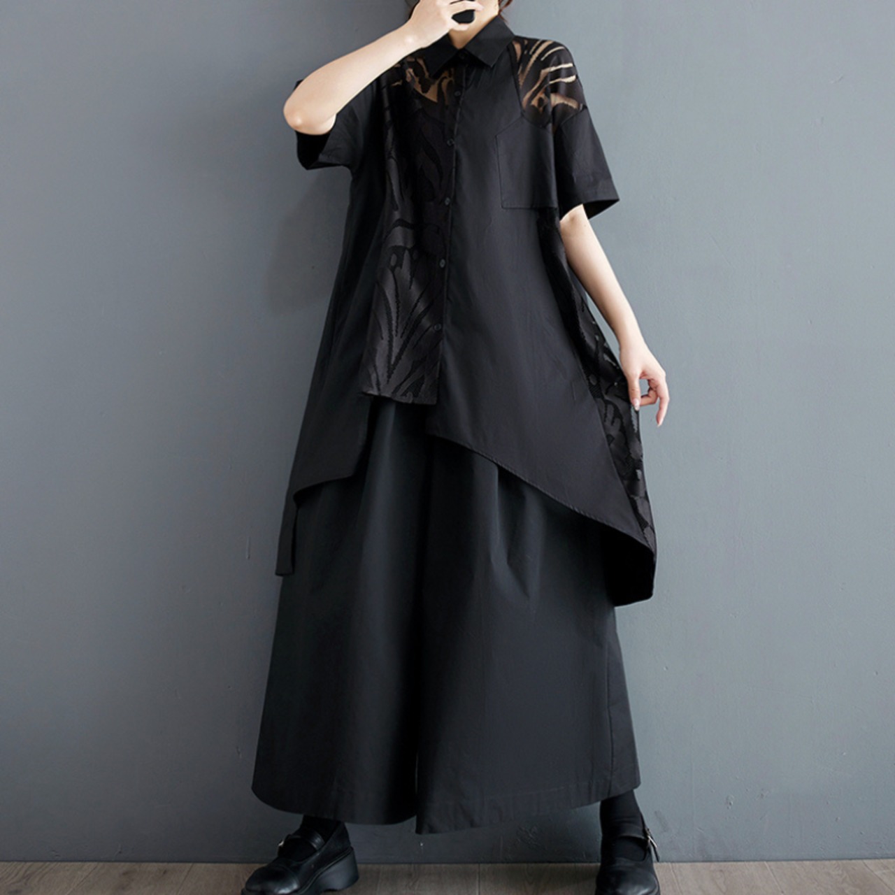 レース切替 ブラック ブラウス  30020