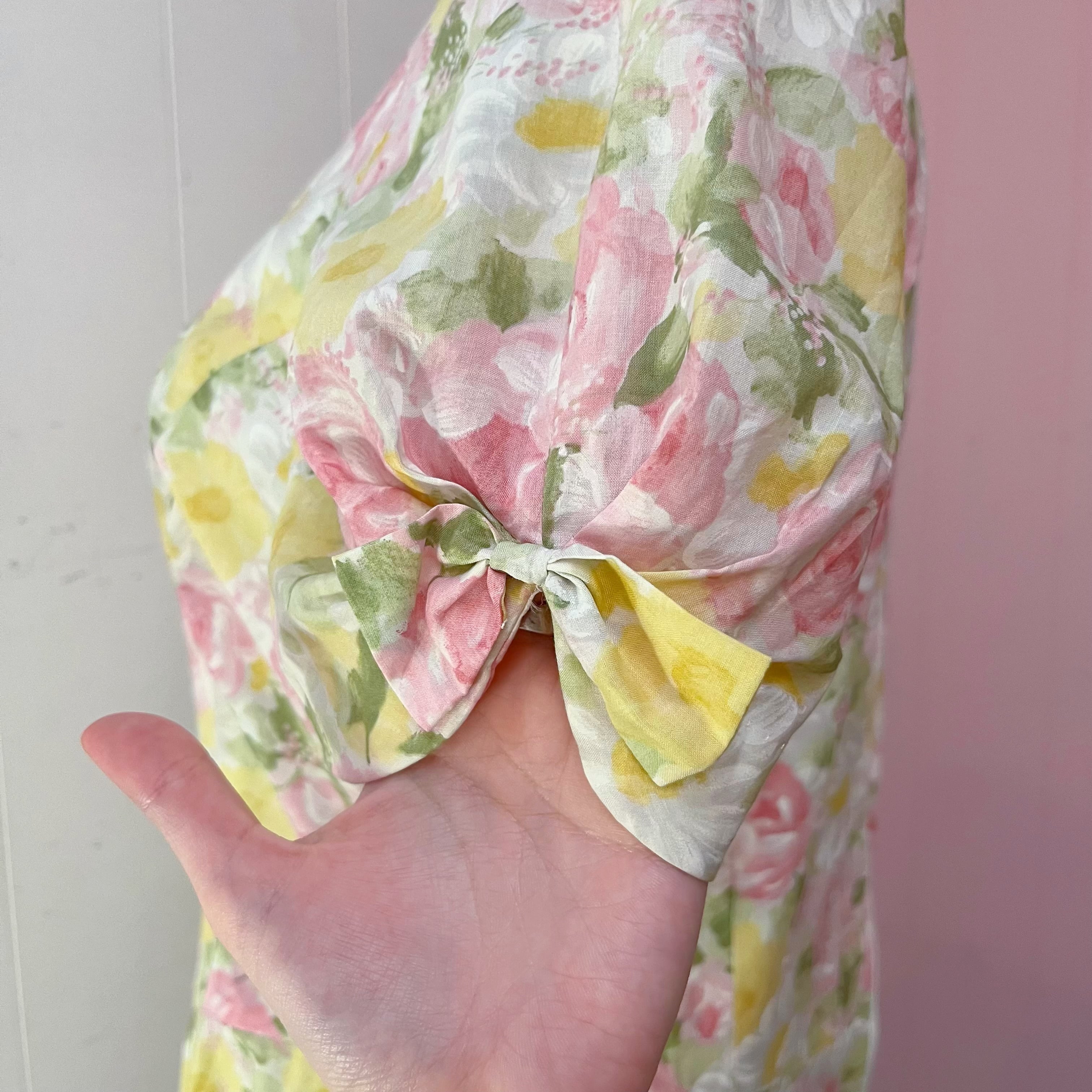 yellow pink flower ribbon sleeve one-piece