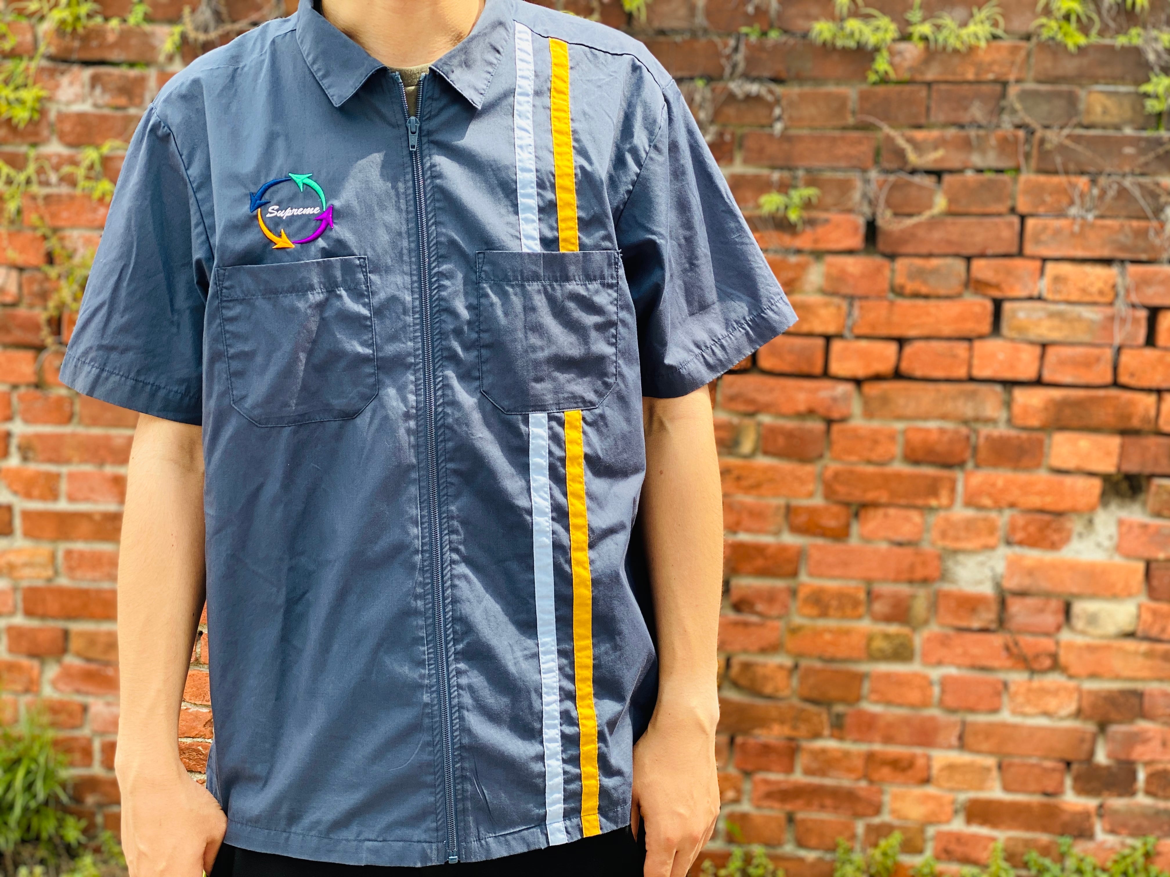 Supreme 2018SS Zip Up Work Shirt シュプリーム ジップアップワークシャツ 半袖シャツ スクリプトロゴ刺繍 サイドライン ホワイト サイズS 【221120】【新古品】【me04】