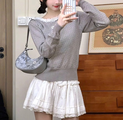 レースネックニットトップス ・71682