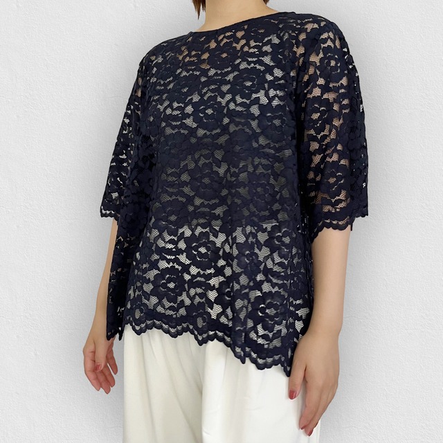 【総レース】大人可愛いトップス レースTシャツ｜ネイビー｜画像3