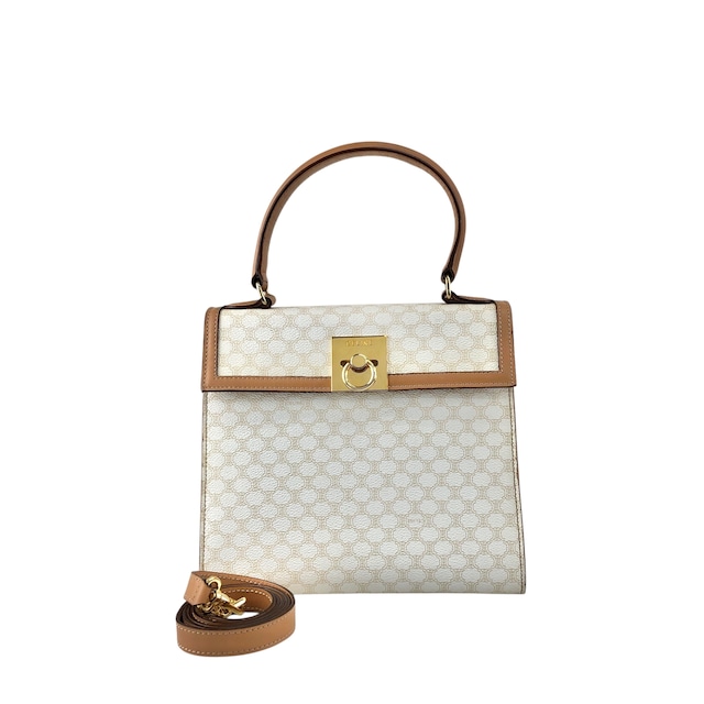 CELINE セリーヌ マカダム ハンドバッグ ホワイト ガンチーニ PVC レザー 2way トップハンドル vintage ヴィンテージ オールド 5gy5ms