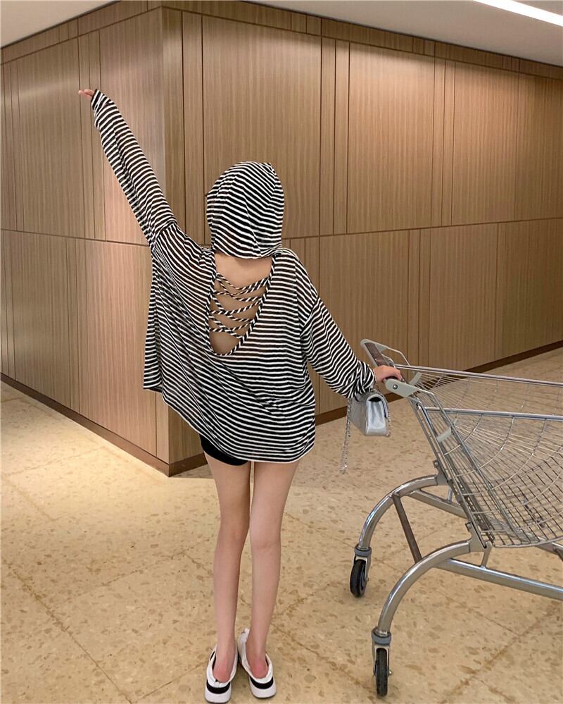 フードストライプブラウス Tシャツ レディースサマー薄手カジュアルルーズホルタートップス ロング 夏物 ブラックストロベリース76991044955