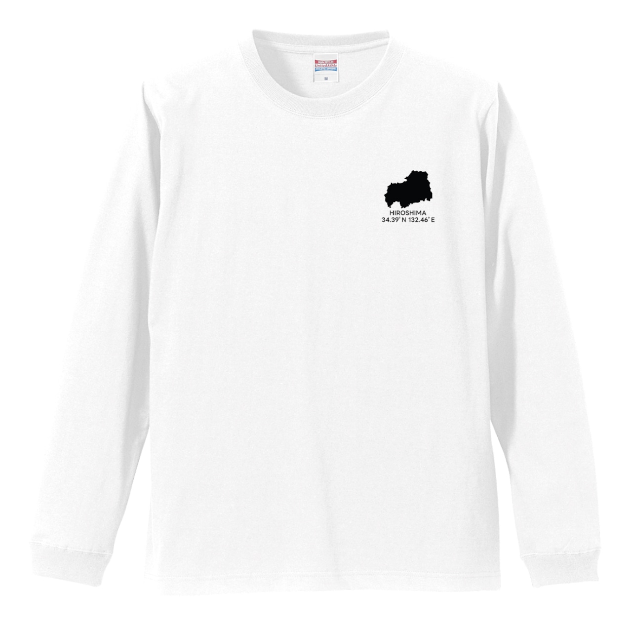 《広島》 緯度経度ミニマルロングスリーブTシャツ|地図×地名×ワンポイントデザイン