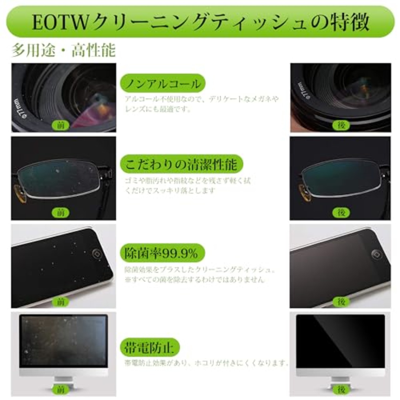 EOTW 液晶用 ウェットティッシュ 個装 120枚入り テレビ液晶クリーナー スマホクリーナー 画面 帯電防止 クリーニング ティッシュ メガネ拭き スマホ 除菌シート レンズ 眼鏡 カメラ ディスプレイ モニター タブレット PC 掃除