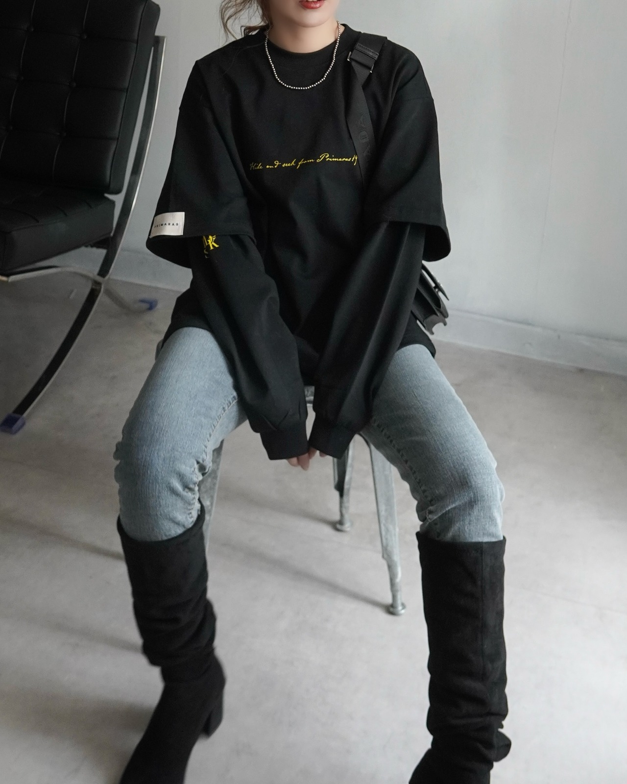 【HIDE AND SEEK 24-25NEW/REVAIVAL】Patch layered designロンTスウェット／ブラック
