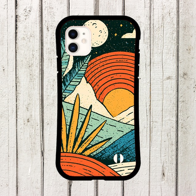 受注生産 iPhoneケース 赤い太陽と山のレトロ宇宙｜宇宙ポスター風 RFSP021B