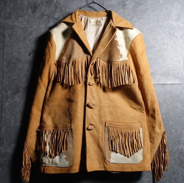 70s Beige Halaco & Fringe Design Western Leather Jacket