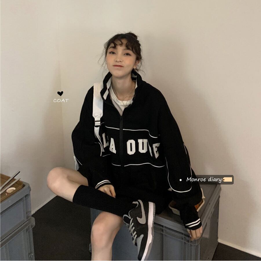スタンダードカラージャケット オータムルーズ刺繍トップス ロング レトロ ストリート 秋物 モンロー73450132714