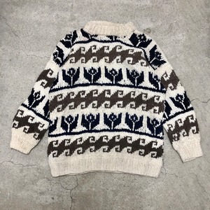REY WEAR/Ecuador Knit Sweater/XL相当/エクアドルニット/ウェーブ柄/セーター/総柄/ホワイト/ネイビー/グレー/古着