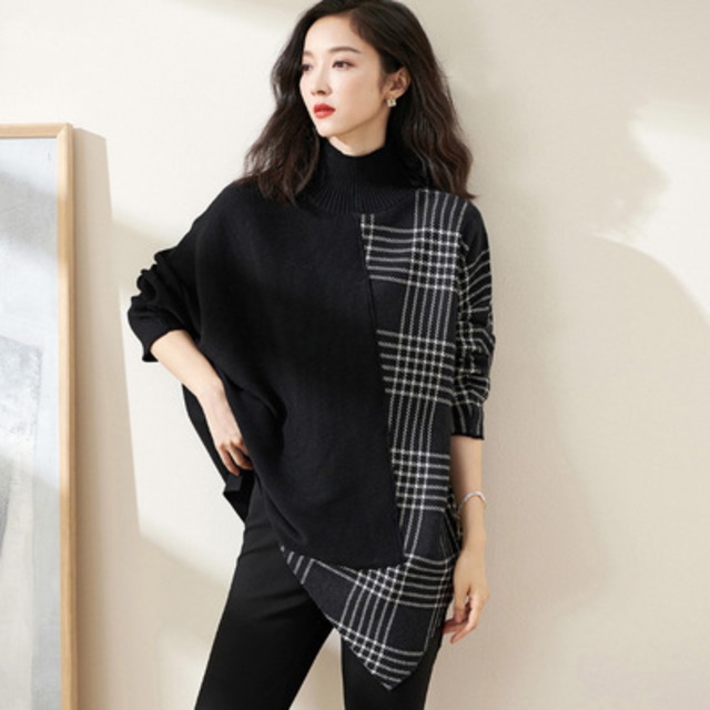 トップス ニットソー プルオーバー ミドル丈 長袖 レギュラー袖 バットスリーブ ハイカラー ストレート ニット ウール きれいめ カジュアル 上品 お洒落 大人 個性的 クール 柄 チェック柄 格子縞 ステッチ 秋 冬 誕生日 バレンタイン 10代 20代 30代 40代 女性用 ママ OL 通勤 学生 通学 デート お出かけ 女子会 お泊まり 休日 イベント 旅行 高原 ホテル ショッピング 暖かい モテ ギフト 安い インスタ映え M L XL 2XL 3XL ゆる ダークグリーン コーヒー 黒