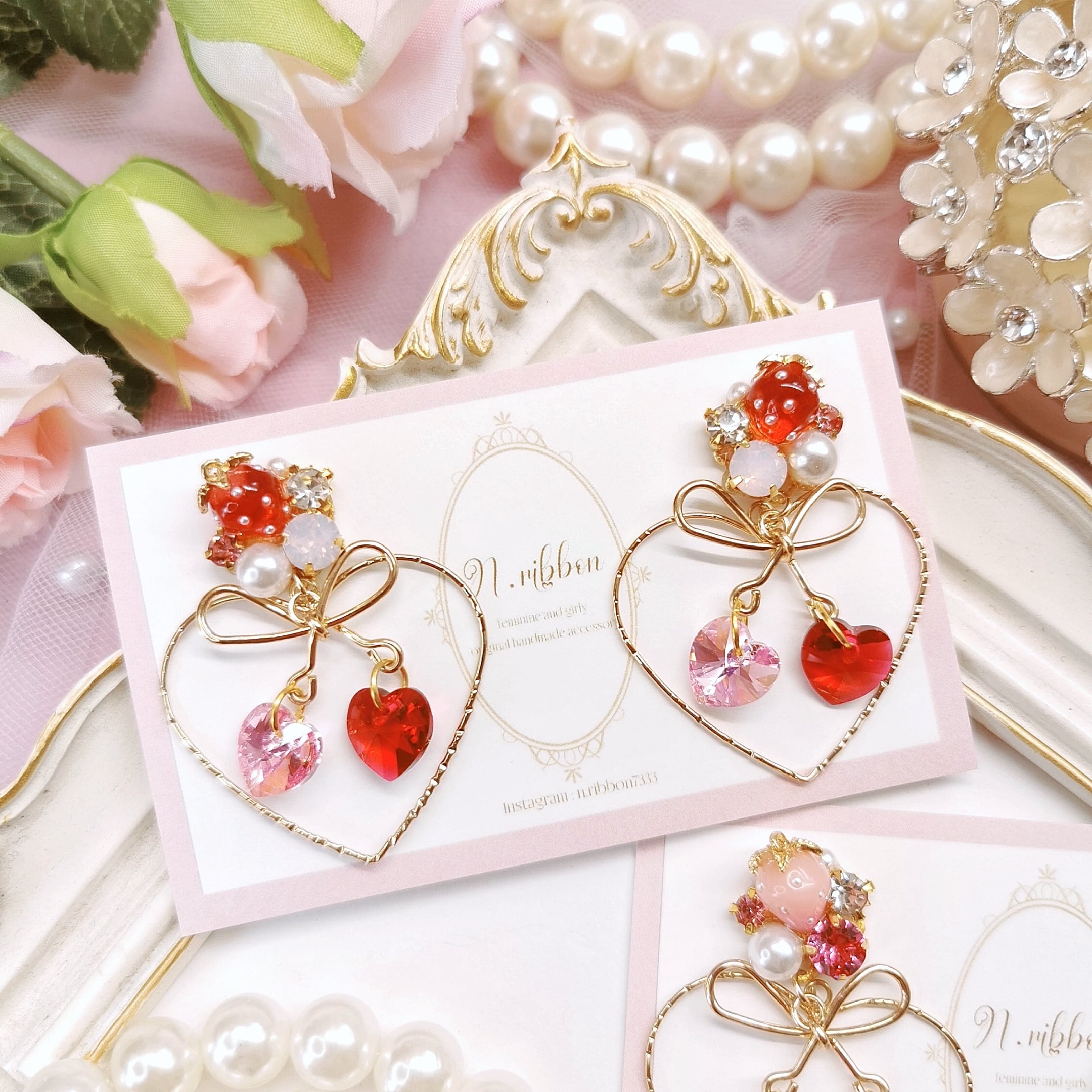 薔薇ビジュー♡ころっとハート　ピアス/イヤリング✩*¨ 全7色》キラキラ ハート ビジュー ピアス/イヤリング ピアス