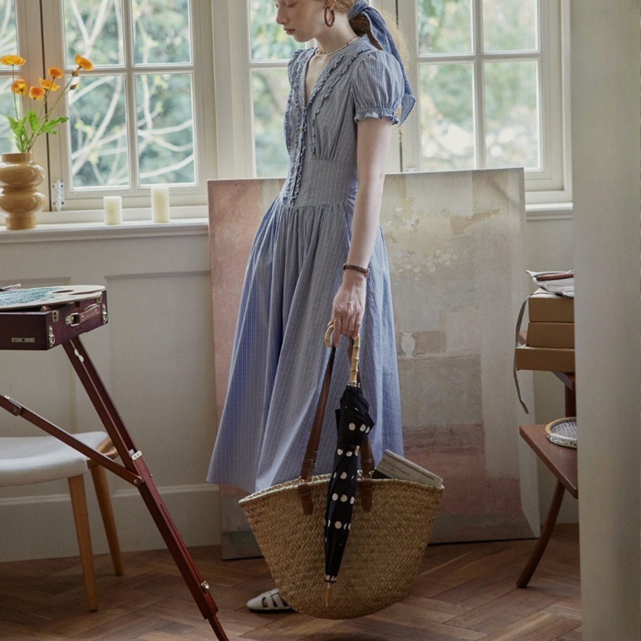 Rayé Frill Puff Sleeve Dress F0679