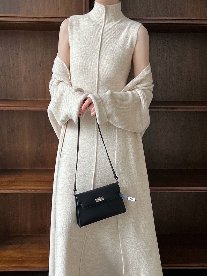 【最終値下げ】ノースリワンピ、カーディガンセット set】ロング丈カーディガン×ハイネックノースリーブワンピースセット