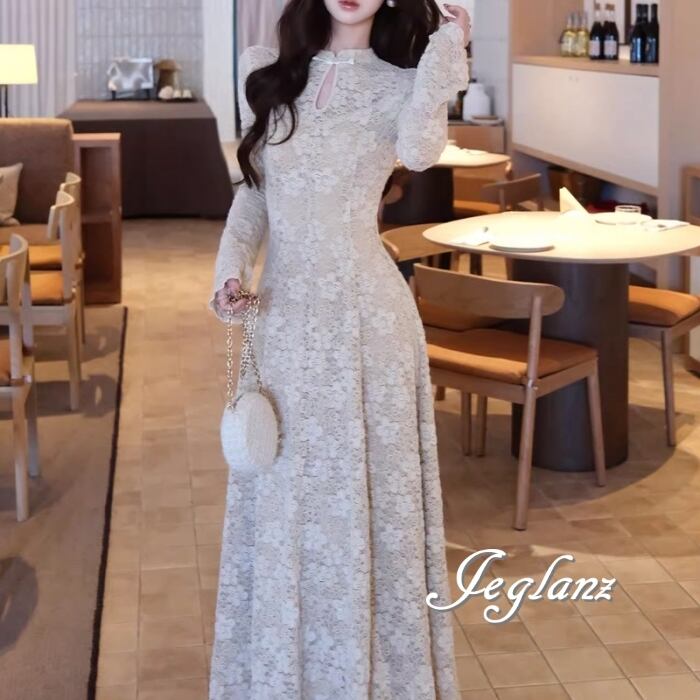 レース 刺繍 マキシ ワンピース 長袖 ドレス ティアドロップ ♪(MB863)ζ