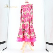 社交ダンス 衣装 スタンダード ドレス ワンピース パーティドレス ICHIOKU ホワイト系 ピンク系 グリーン系 白 緑 花柄 薔薇 バラ 準正装 ピンク ピンク系ドレス 花柄ドレス バラ柄 ドット柄風 立体感 フレアスカート ラテン 競技 ラインダンス パーティー 結婚式 発表会 演奏会 チョーカー付き チョーカー ワンピースドレス フラワープリント 派手 可愛い 上品 華やか 前開きなし 長袖 秋冬 伸びる素材 ポリエステル ポリウレタン