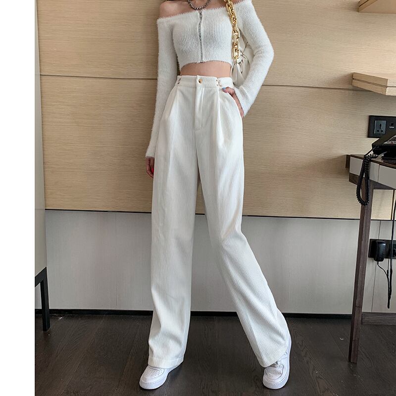 ホワイトコーデュロイカジュアルパンツ オータムウィンターハイウェストウェストワイドレッグルーズ薄手 秋物 冬物 ワイドパンツ ブラックストロベリース54786064461