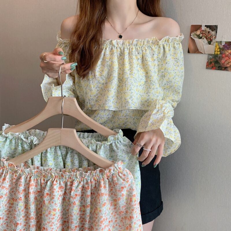 シフォンシャツ オータムカラーストラップレスフローラルブラウス レディース 大人ガーリー スウィート キュート カジュアル 秋物 花柄 ハンチェンe21850265109