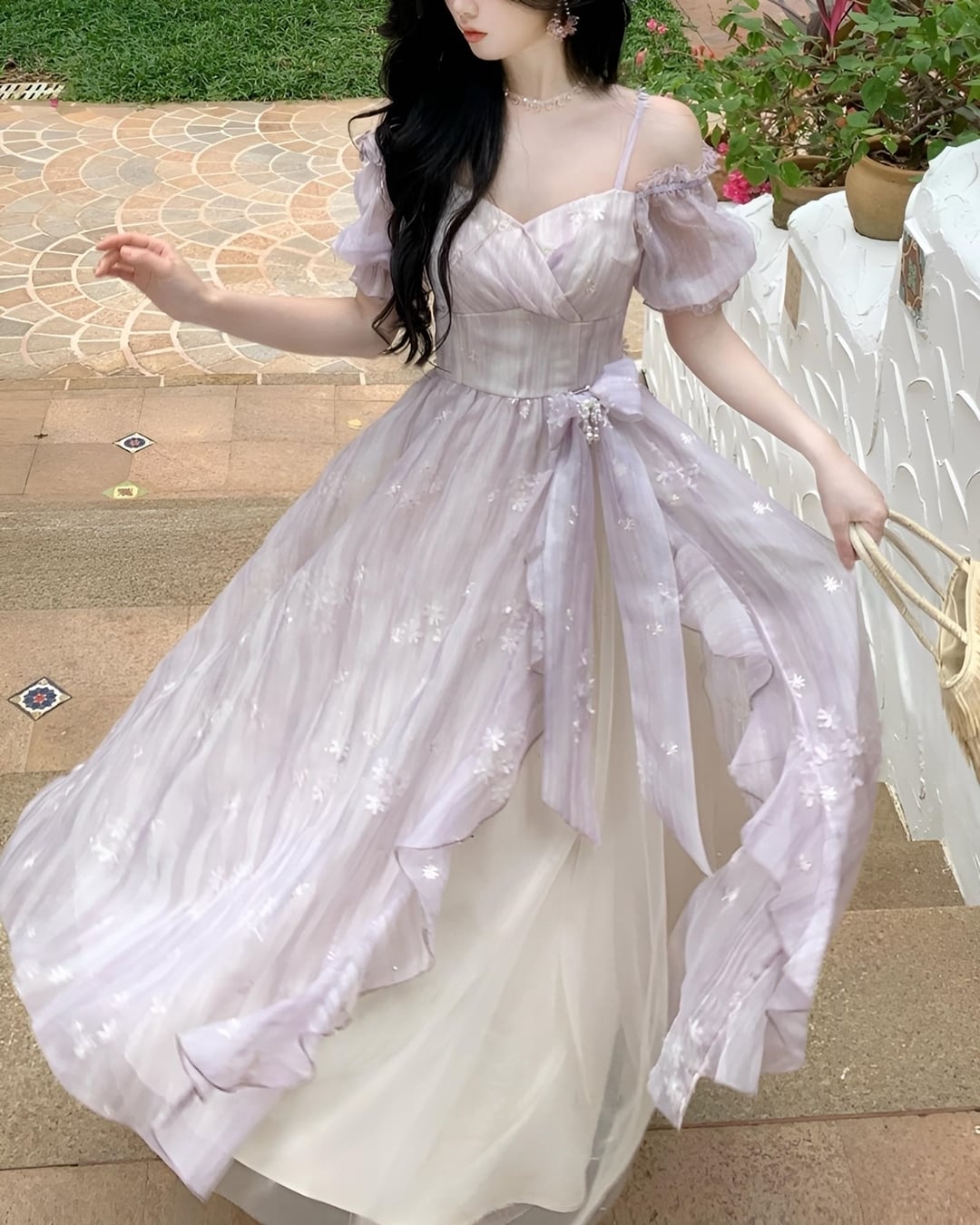 パープルサイドリボンフラワーワンピース 2503045