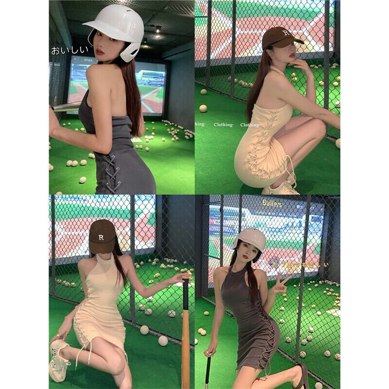 ショートスカート サマー薄手バックレスウェストノースリーブドレス レース エラスティック 伸縮 夏物 レースアップ ピュア ガールズファッション69421252365