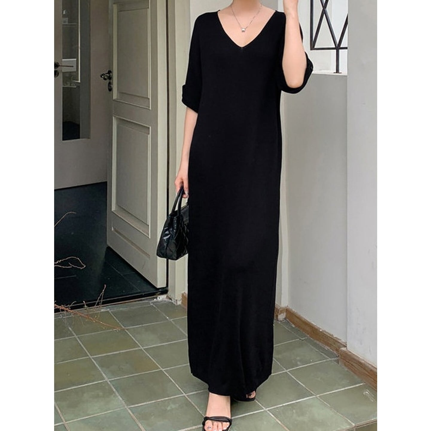 Vネック ロングシルエットワンピース 2color【S-2XL】 RA3292