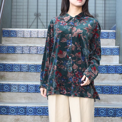 USA VINTAGE NEW LOOK FLOWER PATTENRED DESIGN VELOUR SHIRT/アメリカ古着花柄デザインベロアシャツ