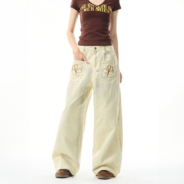 ポケットエンブロイダリーワイドデニムパンツ R00837
