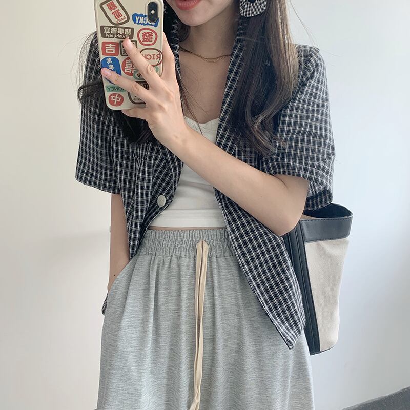 格子柄ジャケット サマー薄手ルーズボタン半袖スリーブシャツ ショート ハーフスリーブ 夏物 ビッグFスモールZ韓国75461295488