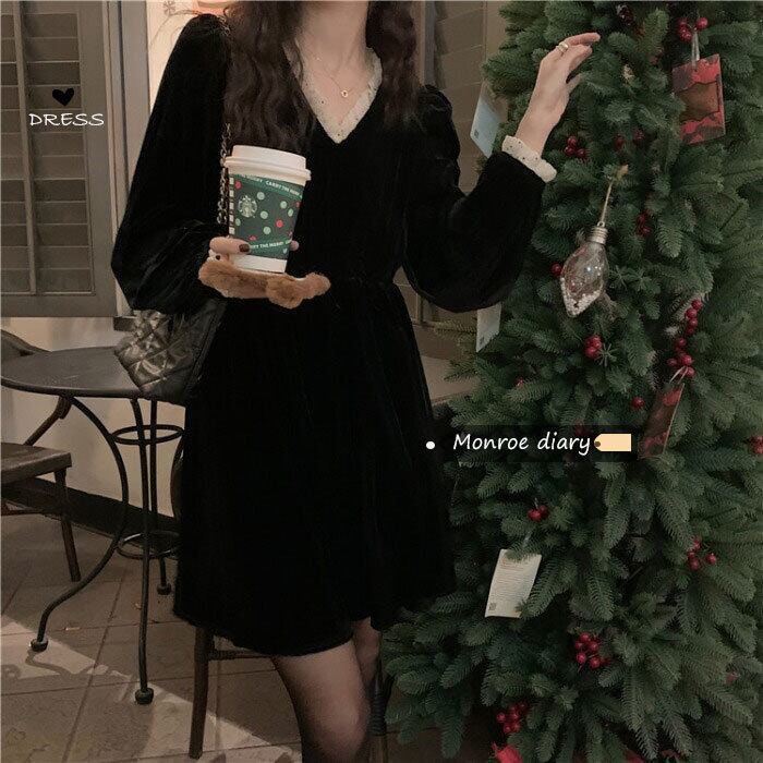 スタンダードブラックドレス スプリングスタイルVネックベルベットスカート ショート レトロ 春物 モンロー27730786961