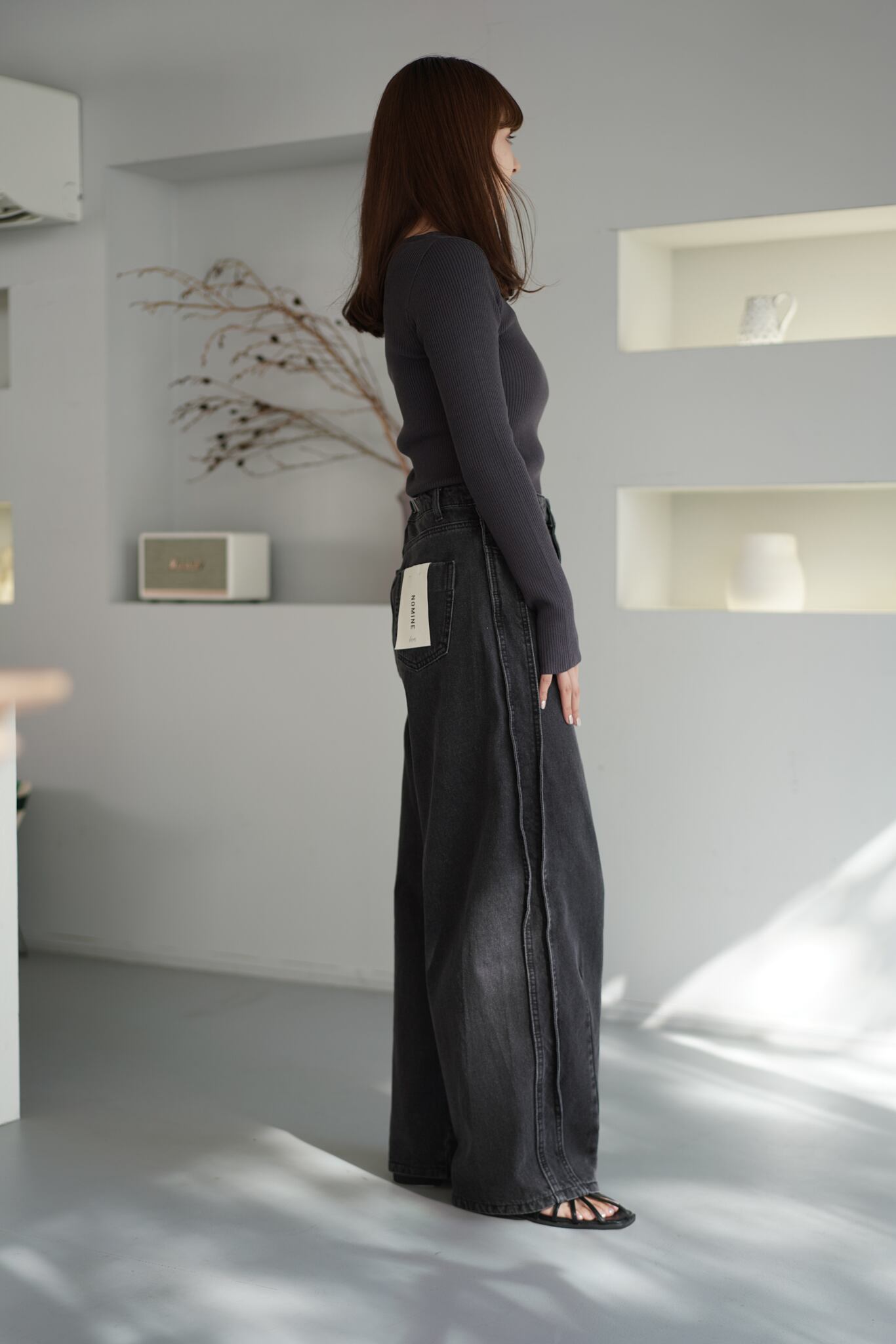 NOMINE side line tuck wide high waist denim pants サイドライン