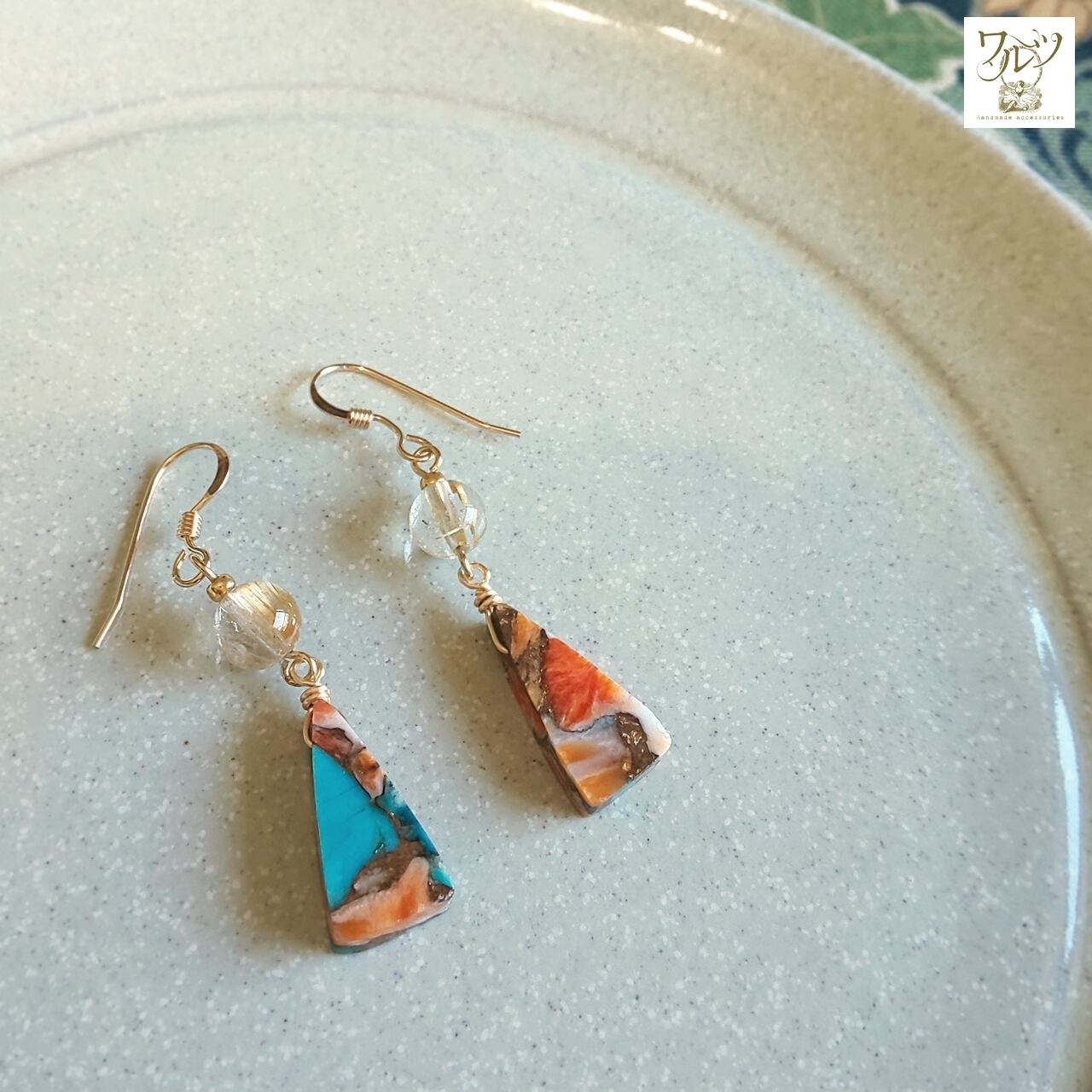 フローライト・ルチルクォーツ・ムーンストーンの14kgfピアス