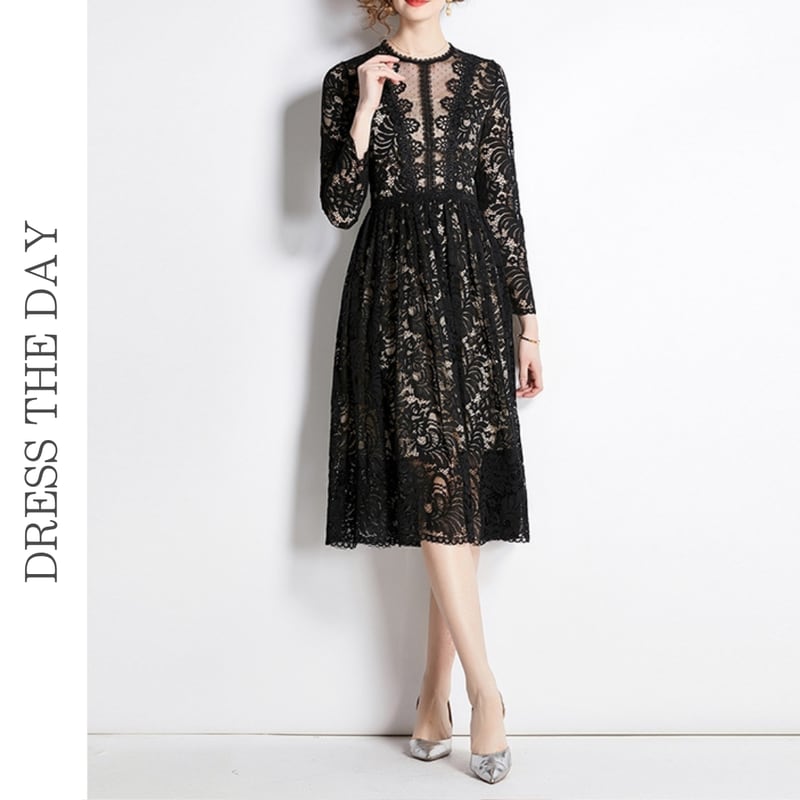 総レースミディアム丈フレアドレス D0016