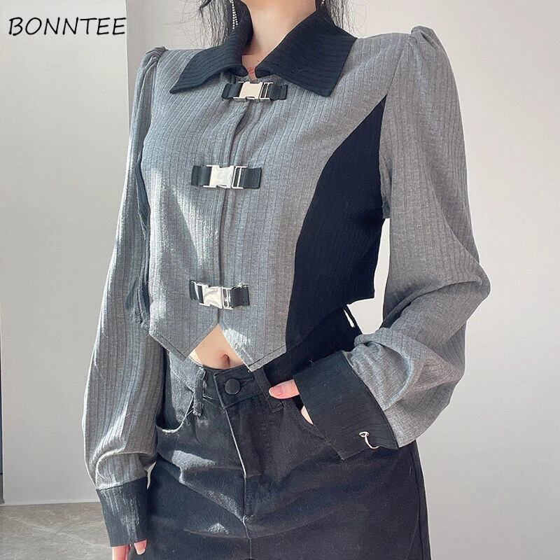 【新作】【送料無料】 Tシャツ女性シックなオルファッションメタルバックルデザイン人格作物非対称ホットガールストリートカジュアルパッチワーク S-3XL 021764887944