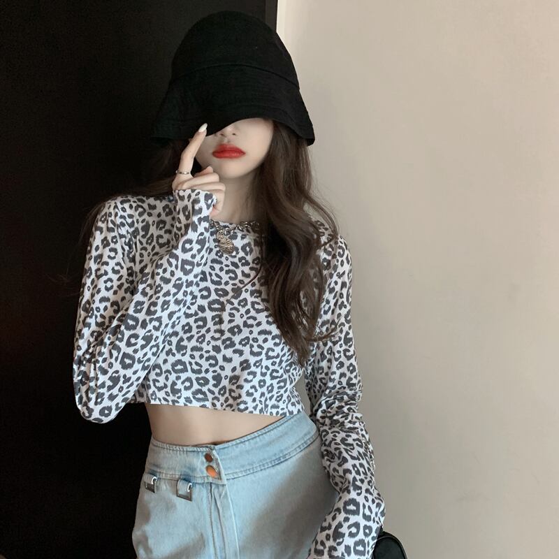 スプリングルーズショートレオパードプリント柄Tシャツ シャツ ロング 春物 ドラファッションホール26351707510