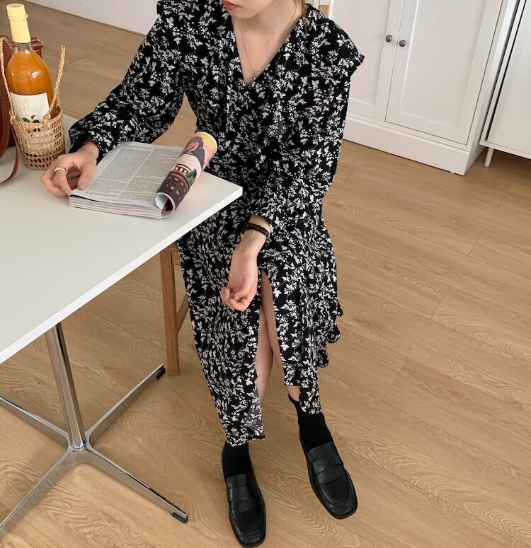 スタンダードフローラルドレス 薄手ウェストロングスプリングスカート レトロ 春物 花柄 ビッグFスモールZ韓国11354859117