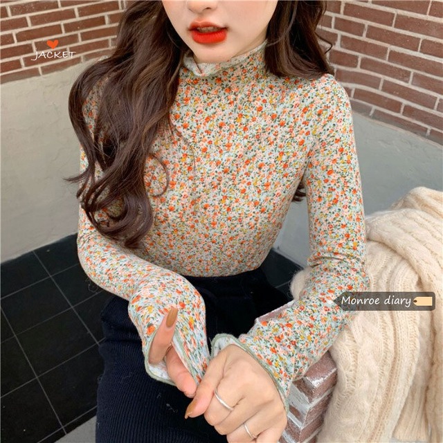 スタンダードフローラルTシャツ オータムウィンターショートトップス スタイル ロング レトロ 秋物 冬物 花柄 モンロー95485803347