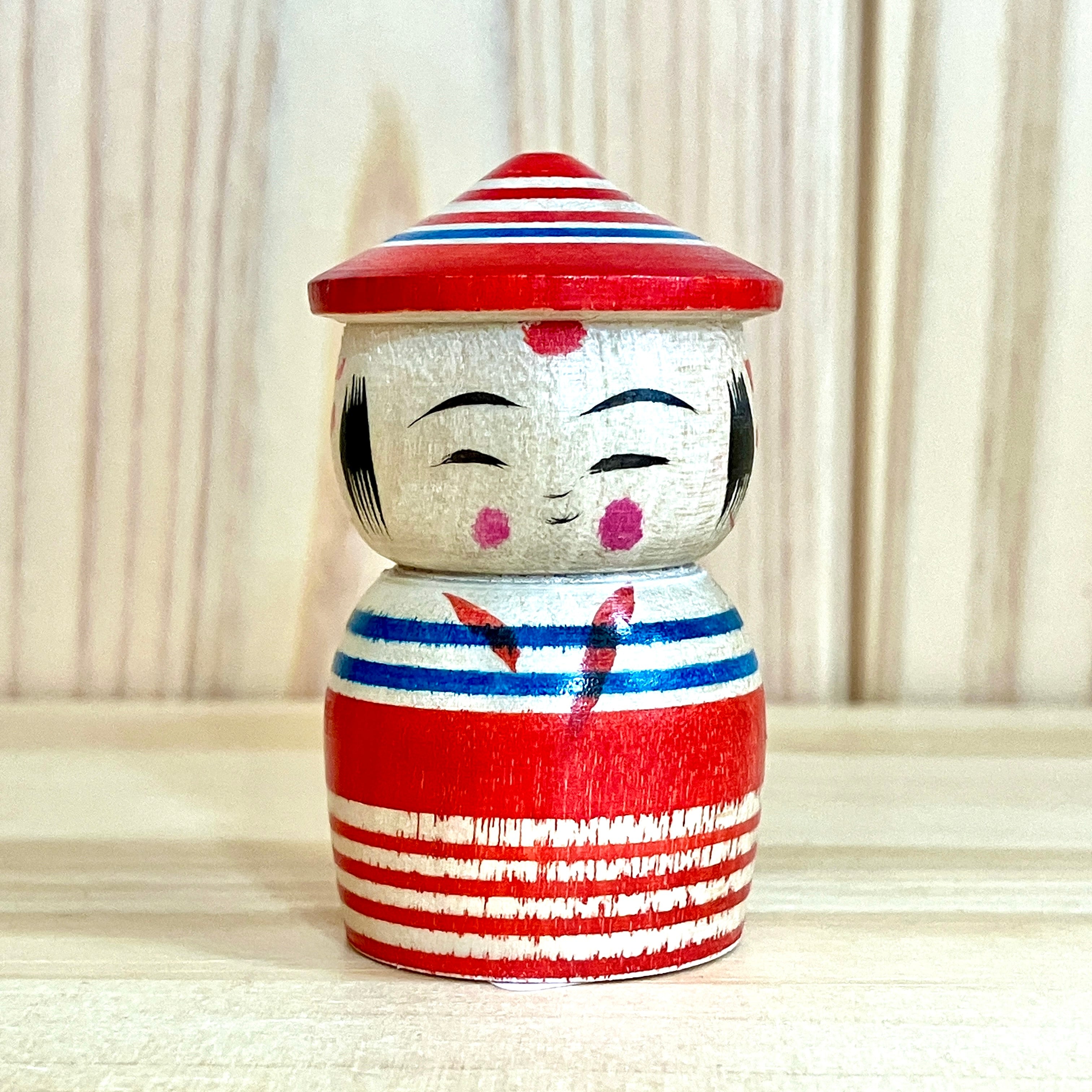 新山実工人：弥治郎系】 1.5寸 こけし 赤青 ： 5cm N10MiN-57