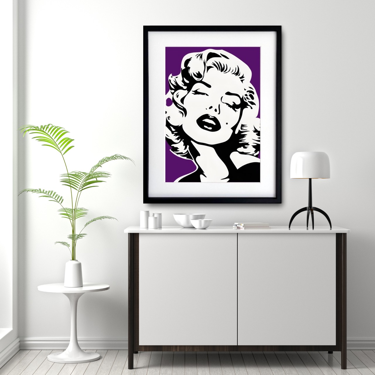 Monroe Love Purple｜モノクロ×パープル女性ポートレイトポスター｜洗練と遊び心を兼ね備えた都会的インテリアA2ポスター