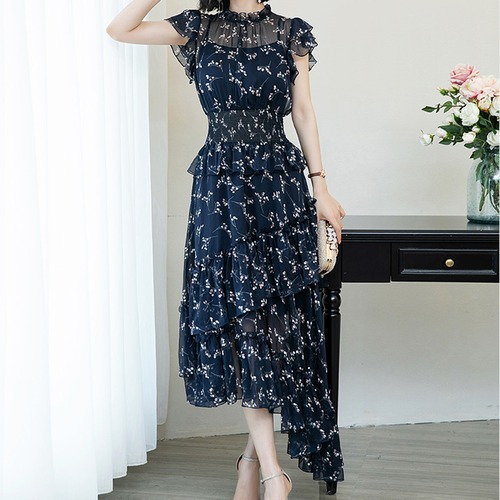 ワンピース ドレス アシンメトリー	 ショートスリーブ ロング丈 ウェストゴム 透け感 お呼ばれ エレガント 春夏 レディース　BADB0013