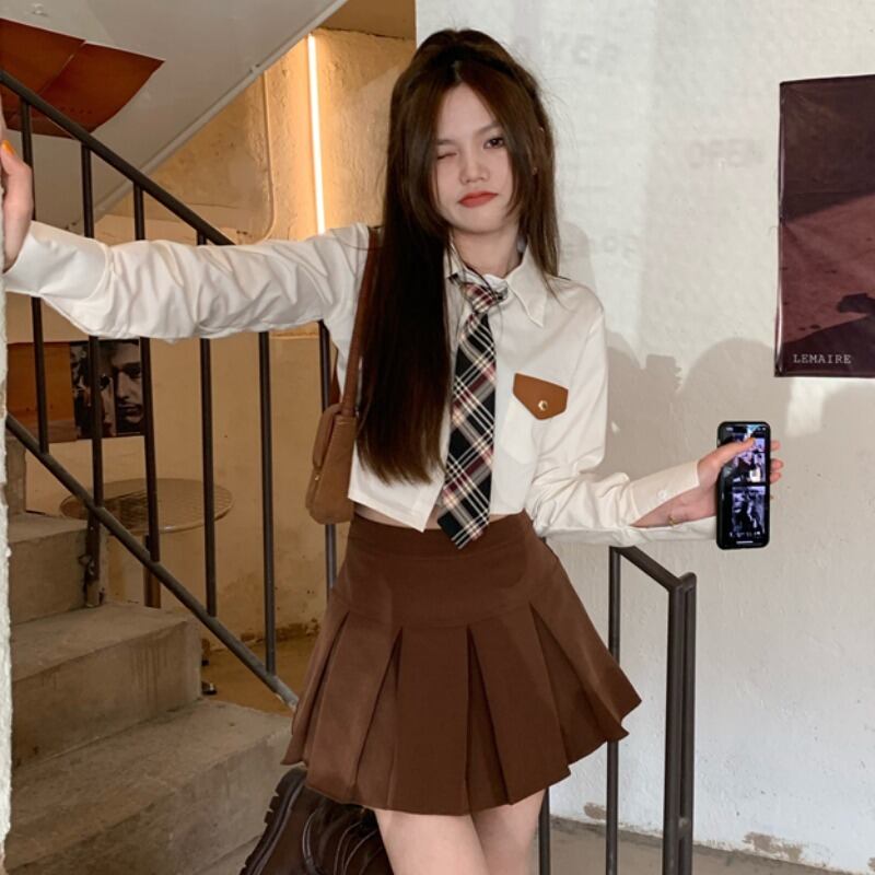 オータムアシンメトリーショートシャツ ハイウェストプリーツAラインスカート ロング 秋物 YY-ファッション59853043370