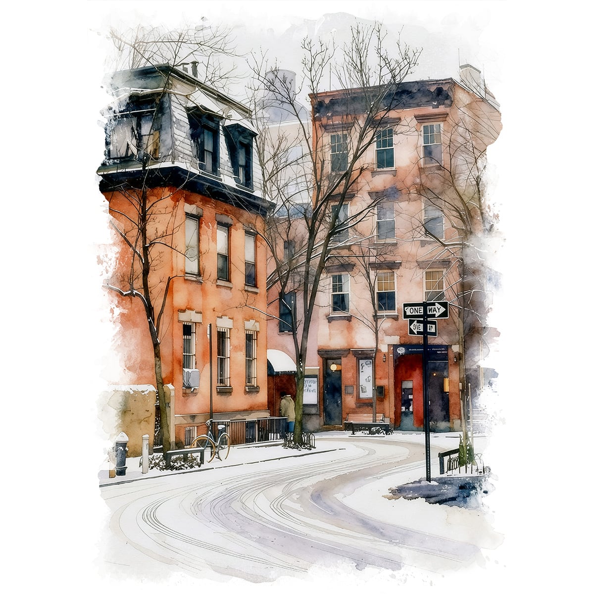 絵画 風景画(街並み) 冬 アメリカ ニューヨーク 雪のウエストビレッジ