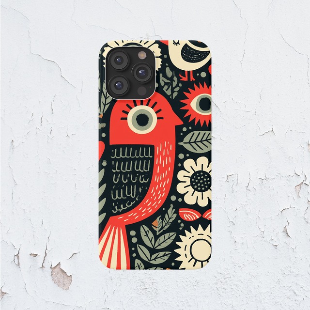 受注生産 iPhoneケース フクロウと花の民芸ナイト柄｜鳥モチーフ FMSY037A