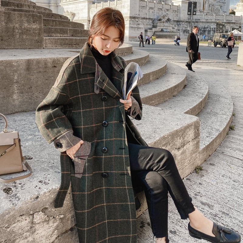 トレンチコート チェック ロングコート 柄 刻め L 冬服 韓国 コート 