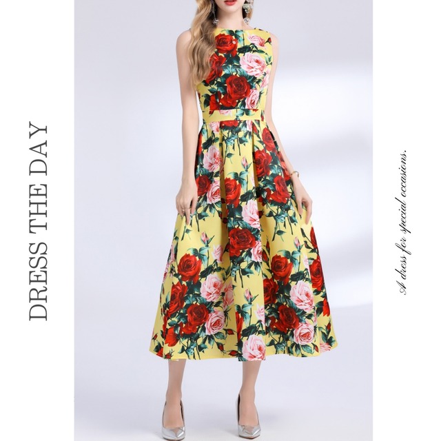 フラワーノースリーブタックドレス D0077