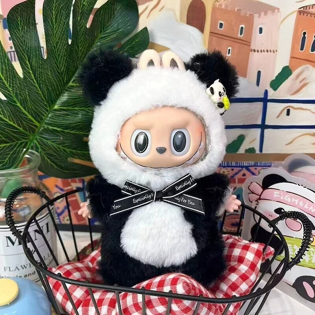 かわいいパンダに変身！可愛い ラブブ用 もふもふロングヘアリボンコスチューム 15-17cm対応 プレミアム素材 THE MONSTERS