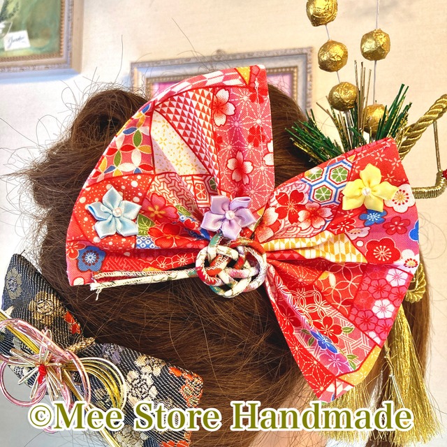 和姫リボン扇子の髪飾り（赤系・一点物）　お祭り、成人式、七五三、結婚式、和装、和柄