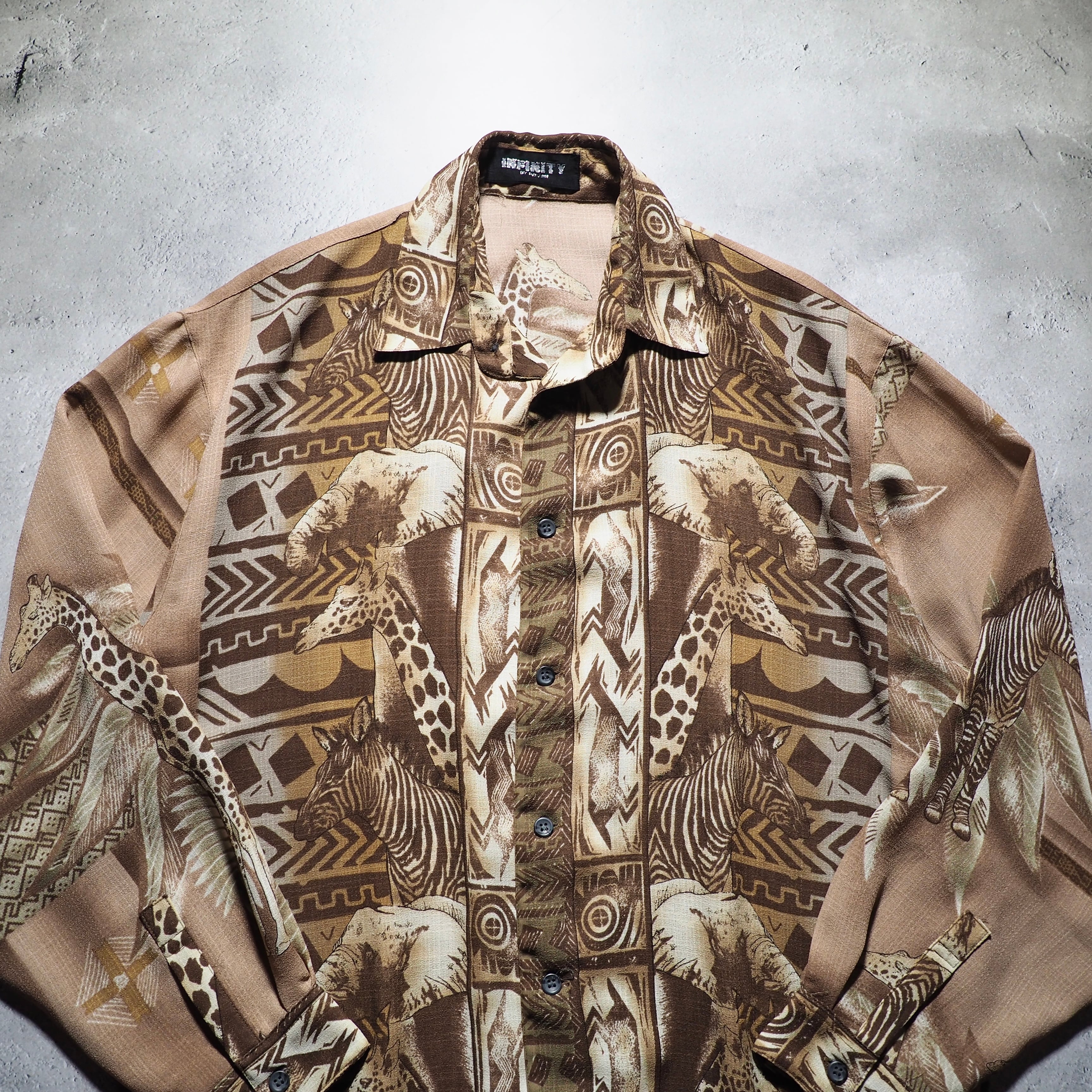 1990s African Sepia animal full pattern Design vintage Drape loose shirt
