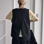 バックスリットフレンチリネン混gilet/ブラック