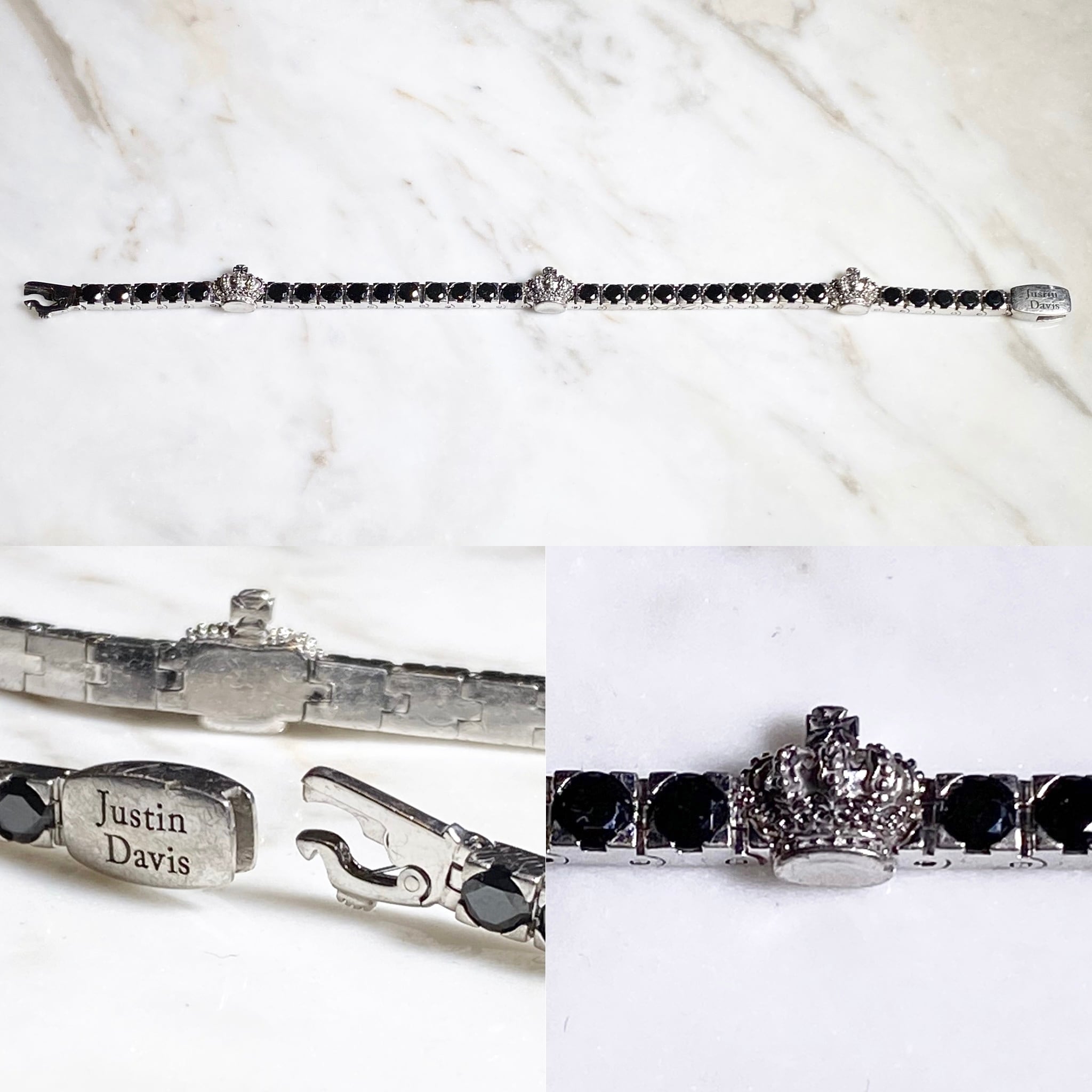 JUSTIN DAVIS silver three-crown bracelet set with black stone 